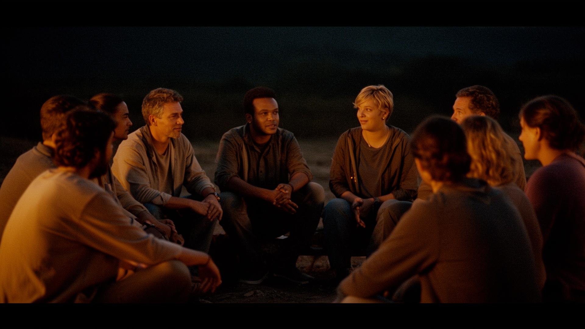 People sitting together in conversation at dusk